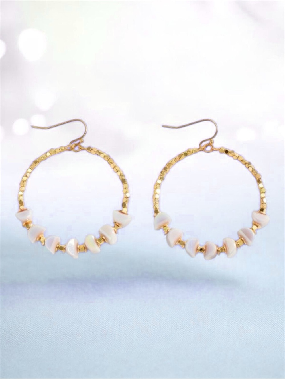 2” Gold Tone Beaded Hoop Earrings | Blush Shell Beads | Boho Chic | Lightweight